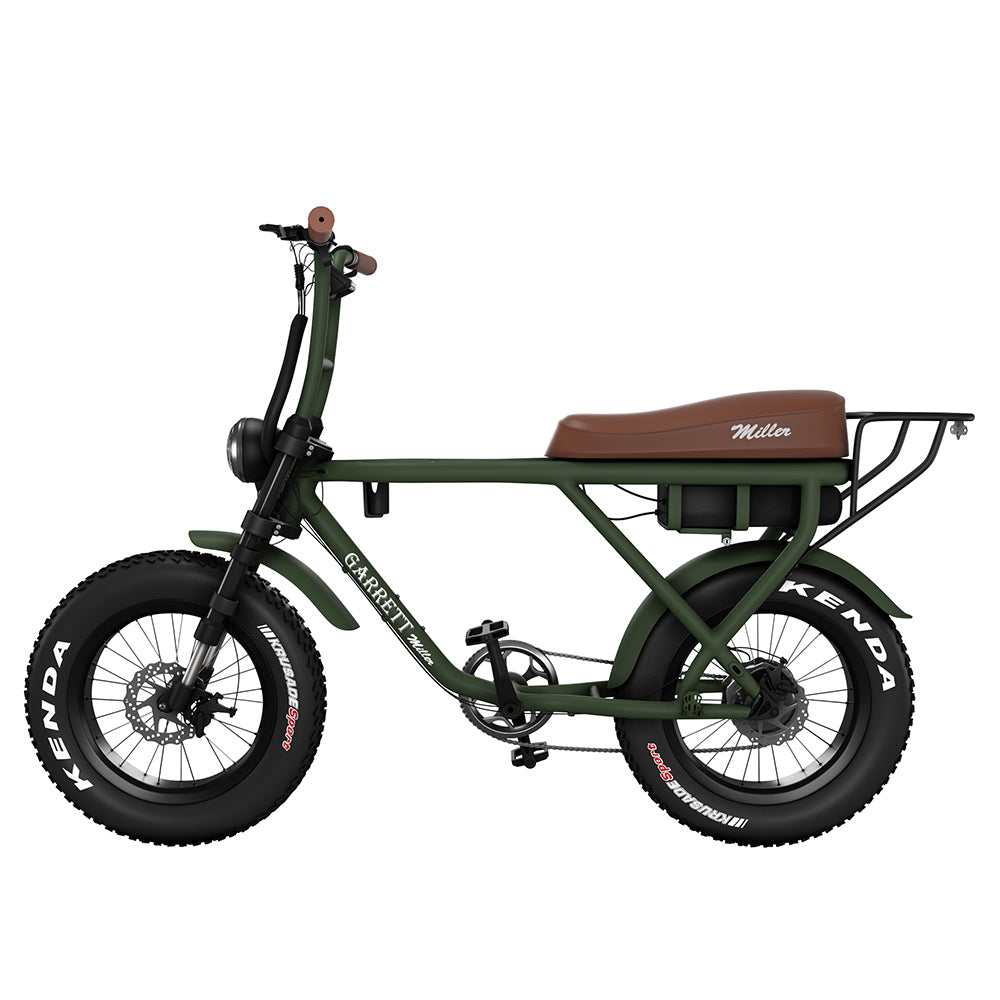 vélo électrique garrett miller x vert militaire fat bike 2021 selle marron 2 places pneu kenda 20 pouces