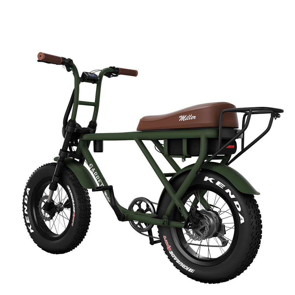 vélo électrique garrett miller x vert militaire fat bike 2021 selle marron 2 places néo rétro porte bagages